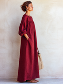 Women's Classic Deep Red Cotton Maxi Dress With Elbow-length Sleeves ZMZ2111G1SWL