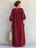 Women's Classic Deep Red Cotton Maxi Dress With Elbow-length Sleeves ZMZ2111G1SWL