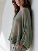 Women's Loose Knit Boat Neck Batwing Sleeve Sweater With Crochet Hem ZMZ2133G4YZH