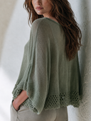 Women's Loose Knit Boat Neck Batwing Sleeve Sweater With Crochet Hem ZMZ2133G4YZH