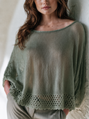 Women's Loose Knit Boat Neck Batwing Sleeve Sweater With Crochet Hem ZMZ2133G4YZH