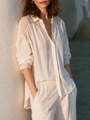Women 100% Cotton Lace Panel Raglan Sleeve Shirt Collar Button Down Loose Vacation Casual Blouse ZMZ2293G3YZH