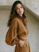 Women Cotton Linen Half Zip Stand Collar Cropped Top Puff Drawstring Cuff Long Sleeve Loose Fall Casual Blouse ZMZ2245G1YZH