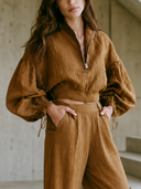 Women Cotton Linen Half Zip Stand Collar Cropped Top Puff Drawstring Cuff Long Sleeve Loose Fall Casual Blouse ZMZ2245G1YZH