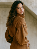 Women Cotton Linen Half Zip Stand Collar Cropped Top Puff Drawstring Cuff Long Sleeve Loose Fall Casual Blouse ZMZ2245G1YZH