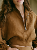 Women Cotton Linen Half Zip Stand Collar Cropped Top Puff Drawstring Cuff Long Sleeve Loose Fall Casual Blouse ZMZ2245G1YZH