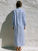 Women's Retro Casual Lazy Style Striped Print Stand Collar Long Sleeve Maxi Dress ZMZ1023G7ZJY