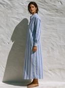Women's Retro Casual Lazy Style Striped Print Stand Collar Long Sleeve Maxi Dress ZMZ1023G7ZJY