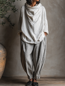 Women's Retro Casual Striped Duffle Neck Long Sleeve Top And Pants Cotton Linen Set ZMZ2235G7ZJY