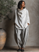 Women's Retro Casual Striped Duffle Neck Long Sleeve Top And Pants Cotton Linen Set ZMZ2235G7ZJY