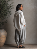 Women's Retro Casual Striped Duffle Neck Long Sleeve Top And Pants Cotton Linen Set ZMZ2235G7ZJY