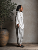 Women's Retro Casual Striped Duffle Neck Long Sleeve Top And Pants Cotton Linen Set ZMZ2235G7ZJY