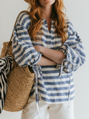 Women's Casual Horizontal-Stripe Cotton V-Neck Lantern Sleeves Shirt ZMZ2146G1ZYY