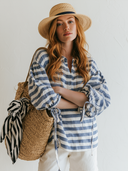 Women's Casual Horizontal-Stripe Cotton V-Neck Lantern Sleeves Shirt ZMZ2146G1ZYY