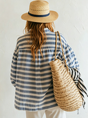 Women's Casual Horizontal-Stripe Cotton V-Neck Lantern Sleeves Shirt ZMZ2146G1ZYY