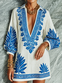 Women's Retro Casual Relaxed Style Loose Ethnic Floral Print V-Neck Long Sleeve Mini Dress ZMZ2119G6ZJY