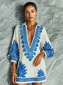 Women's Retro Casual Relaxed Style Loose Ethnic Floral Print V-Neck Long Sleeve Mini Dress ZMZ2119G6ZJY
