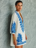 Women's Retro Casual Relaxed Style Loose Ethnic Floral Print V-Neck Long Sleeve Mini Dress ZMZ2119G6ZJY