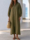 Women Premium Cotton Linen Maxi Dress Stand Collar Double End Full Zip Lantern Sleeve Side Pocket Loose Casual Kaftan ZMZ2280G8YZH