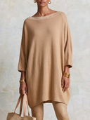 Women Oversized Knit Tunic Top Lace Trim Boat Neck Batwing 3/4 Sleeve Loose Longline Casual Sweater ZMZ2251G4YZH