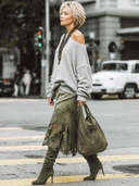 Women's Retro Casual Relaxed Style Loose Street Style Ribbed Sweatshirt And Skirt Set ZMZ2112G1ZJY