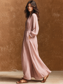 Women's Retro Casual Relaxed Loose Cotton Henley Collar Long Sleeve Maxi Dress ZMZ0908G9ZJY