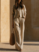 Women Autumn Premium Linen 2 Piece Outfit Cropped Blazer Jacket High Waist Pleated Wide Leg Pants Minimalist Casual Suit ZMZ2183G4YZH