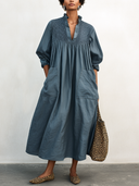 Women's Stylish Cotton V-Neck Midi Dress With Elbow-Length Sleeves ZMZ2243G6SWL