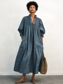 Women's Stylish Cotton V-Neck Midi Dress With Elbow-Length Sleeves ZMZ2243G6SWL