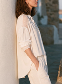 Women 100% Cotton Lace Panel Raglan Sleeve Shirt Collar Button Down Loose Vacation Casual Blouse ZMZ2293G3YZH