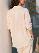 Women 100% Cotton Lace Panel Raglan Sleeve Shirt Collar Button Down Loose Vacation Casual Blouse ZMZ2293G3YZH