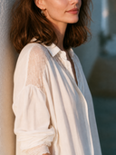 Women 100% Cotton Lace Panel Raglan Sleeve Shirt Collar Button Down Loose Vacation Casual Blouse ZMZ2293G3YZH