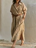 Women Premium Cotton Linen Shirt Midi Dress Collar Button Down Belted Waist Side Pocket Split Hem Loose Vacation Dress ZMZ2103G4YZH