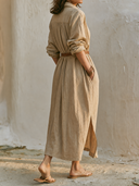 Women Premium Cotton Linen Shirt Midi Dress Collar Button Down Belted Waist Side Pocket Split Hem Loose Vacation Dress ZMZ2103G4YZH
