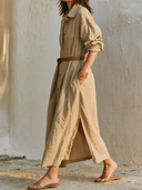 Women Premium Cotton Linen Shirt Midi Dress Collar Button Down Belted Waist Side Pocket Split Hem Loose Vacation Dress ZMZ2103G4YZH