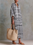 Women Poly Cotton Blend Printed Striped Midi Dress Hood Half Zip Long Sleeve Side Pocket Loose Casual Tunic ZMZ2209G5YZH