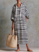 Women Poly Cotton Blend Printed Striped Midi Dress Hood Half Zip Long Sleeve Side Pocket Loose Casual Tunic ZMZ2209G5YZH