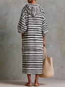 Women Poly Cotton Blend Printed Striped Midi Dress Hood Half Zip Long Sleeve Side Pocket Loose Casual Tunic ZMZ2209G5YZH