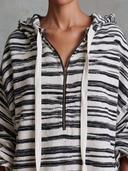 Women Poly Cotton Blend Printed Striped Midi Dress Hood Half Zip Long Sleeve Side Pocket Loose Casual Tunic ZMZ2209G5YZH