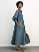 Women's Stylish Cotton V-Neck Midi Dress With Elbow-Length Sleeves ZMZ2243G6SWL