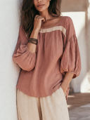 Women Pure Cotton Color Block Square Neck Puff 3/4 Sleeve Loose Vacation Casual Blouse ZMZ2245G2YZH