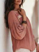 Women Pure Cotton Color Block Square Neck Puff 3/4 Sleeve Loose Vacation Casual Blouse ZMZ2245G2YZH