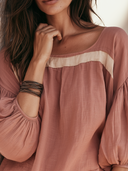 Women Pure Cotton Color Block Square Neck Puff 3/4 Sleeve Loose Vacation Casual Blouse ZMZ2245G2YZH