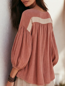 Women Pure Cotton Color Block Square Neck Puff 3/4 Sleeve Loose Vacation Casual Blouse ZMZ2245G2YZH