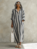 Women's Vintage Striped Cotton Loose-Fit Hooded Maxi Dress ZMZ2265G6SWL