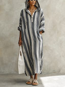 Women's Vintage Striped Cotton Loose-Fit Hooded Maxi Dress ZMZ2265G6SWL