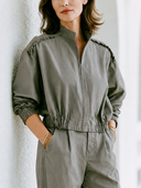 Women Cotton Blend Light Cropped Jacket Stand Collar Full Zip Frill Shoulder Elastic Hem Long Sleeve Casual Fall Outerwear ZMZ2213G1YZH