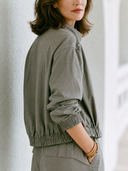 Women Cotton Blend Light Cropped Jacket Stand Collar Full Zip Frill Shoulder Elastic Hem Long Sleeve Casual Fall Outerwear ZMZ2213G1YZH