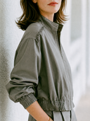 Women Cotton Blend Light Cropped Jacket Stand Collar Full Zip Frill Shoulder Elastic Hem Long Sleeve Casual Fall Outerwear ZMZ2213G1YZH