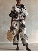 Women's Vintage Floral Print Cotton Two-Piece Set (Top And Cropped Pants) ZMZ2245G6SWL